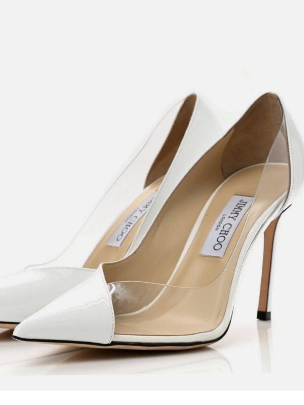 JIMMY CHOO Cass 95 Patent Leather Iridescent Plexi Pumps Bridal EU38.5White